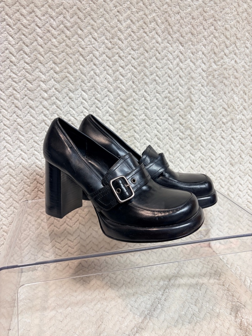 Vtg 90s SKECHERS Womens 6 Chunky Platform Loafers Buckle Black‎ Faux Leather Y2K